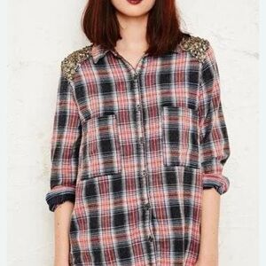 Free People Plaid Button-Up Shirt with Sequin Shoulders
